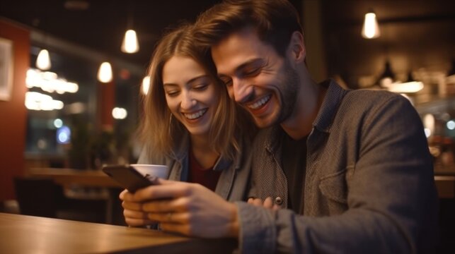 couple is looking at something on a cell phone held indoors with warm lighting.
