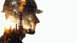 © Pnitha - Double exposure of the oil and gas industry with a profile head resembling an engineer wearing a helmet on a white background, double shot