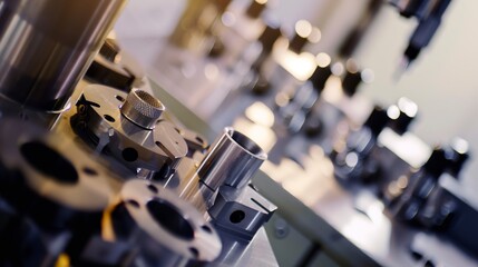 Poster - Factory prototype components, close-up, engineering trials, no people, array of parts, bright focused light 