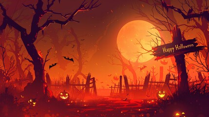 Wall Mural - Scary night scene on Halloween orange background Enter Happy Halloween message