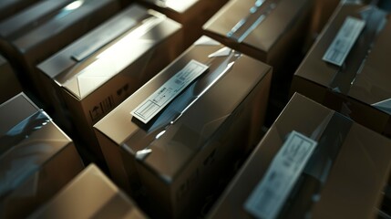 Poster - Factory freight labels, close-up, packed goods for shipment, no humans, supply chain flow, crisp lighting 