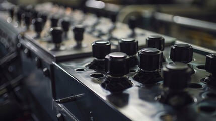 Poster - Factory assembly line speed controller, close-up, productivity tool, no humans, detailed knobs, dim lighting