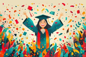 Wall Mural - Graduate joyfully celebrating with raised arms amid colorful confetti and vibrant foliage