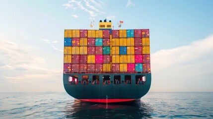 A large container cargo ship fully loaded with colorful containers, sailing through calm waters with a clear sky in the background. 