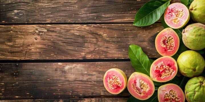 Several guava on wooden table, cut, whole, with copy space, organic fruit, green food, pure natural, farming industry, nutrition, vitamins, healthy life, dinner, Ramadan celebration HD wallpaper, back