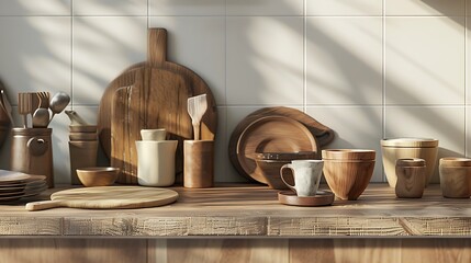 High-definition image showcasing kitchen accessories including cups, plates, bowls, chopping boards, and wooden cups arranged on a wooden table