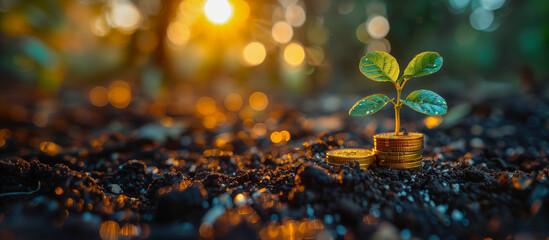 A sprouts growing from a stack of gold coins. A seedling is growing on a coin lying on the ground. Green investment concept, Rising money to invest. financial growth concept