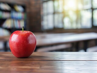 Wall Mural - Red apple on teacher's desk with stack of books