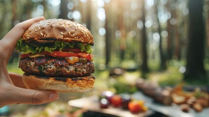Vegan person savoring a delicious plant-based burger in a serene outdoor picnic setting surrounded by lush greenery and natural sunlight.