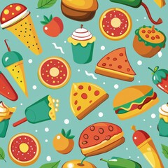 Wall Mural - Seamless pattern of playful food items like hamburgers, hot dogs, and pizza slices, Generative AI