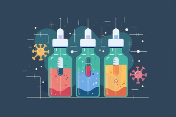Illustration of three scientific dropper bottles with colorful liquids and virus icons on a blue background, representing research and medicine.