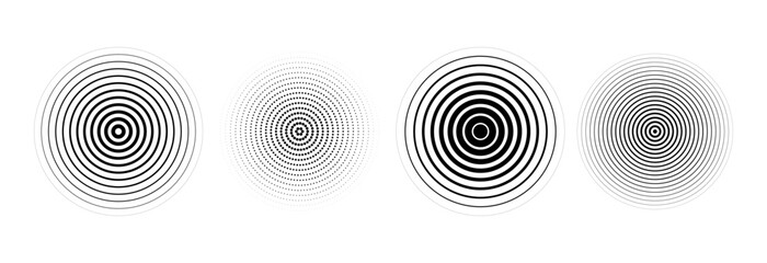 Poster - Black concentric circle set. Sonar or sound wave ring collection. Dotted and linear epicentre, target, radar icon concept. Ripple radial signal or vibration elements. Vector line and halftone symbols