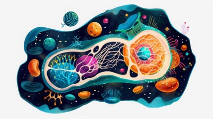 Colorful illustration of an abstract human cell with various cellular components, organelles, and structures.