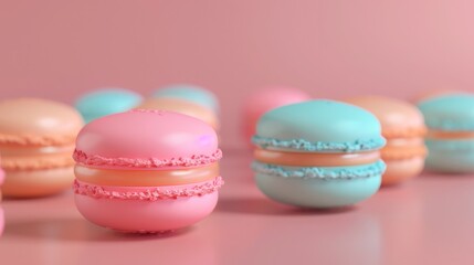 Delicious pastel-colored macarons in pink and blue on a pink background. Perfect for dessert and food photography enthusiasts.