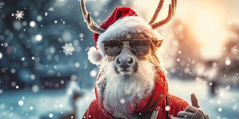 Merry Christmas holiday vacation winter background greeting card - Cool Santa Claus reindeer with sunglasses, winter landscape, snowflakes and sun bokeh light, Generative AI 
