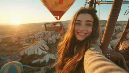 Wall Mural - woman with long brown hair taking a selfie while flying in a hot air balloon over Cappadocia and smiling at the camera