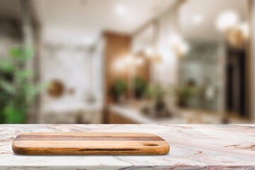 Poster - Wooden table top in bathroom interior