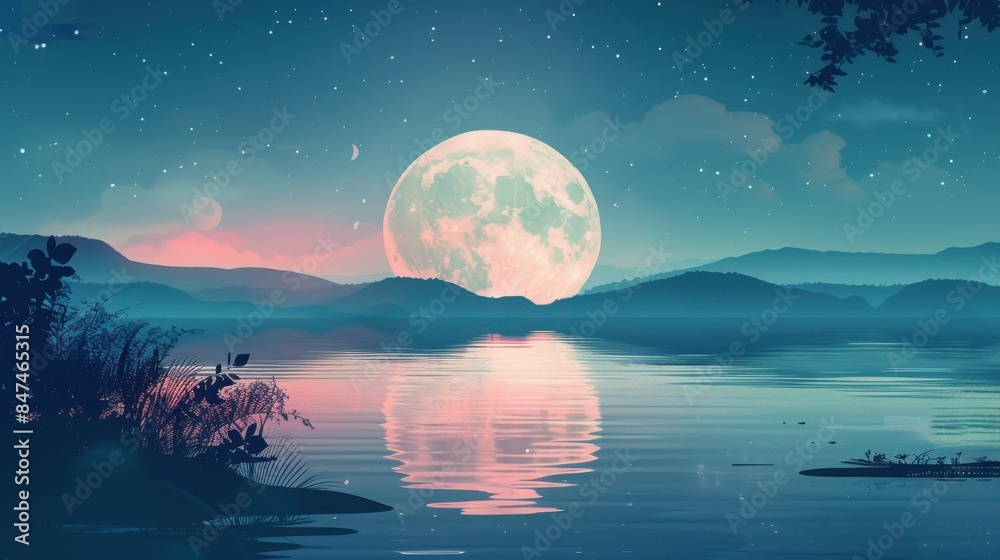 Serene moonlit lake with a full moon reflecting on the water and a ...