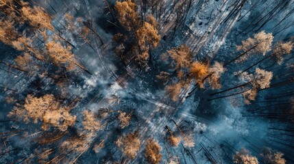 Sticker - Aerial view of scorched trees in a forest aftermath of a fire