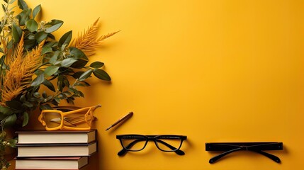 Wall Mural - happy graduation background with pile of books and glasses on yellow background