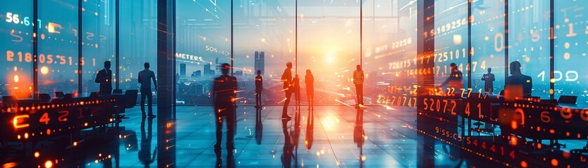Poster - An open space office with neon lights and a futuristic design, where blurred figures work amidst holographic financial data visualizations. This image highlights a modern corporate finance strategy.