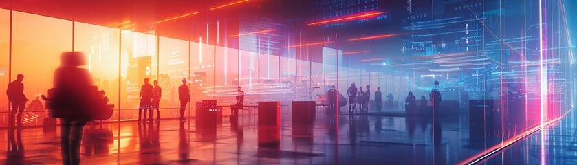 Poster - a modern cyberpunk office with an open floor plan and neon lights, featuring blurred employees and d