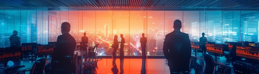 Poster - A neon-lit, open space office with a cyberpunk aesthetic, where blurred professionals work surrounded by floating financial data, highlighting a corporate strategy for finance.