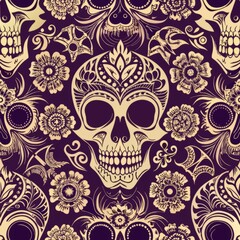 seamless pattern of ornamental skulls and skeletal motifs, generative ai