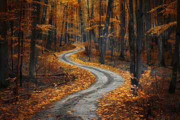 Wall Mural - A winding path through an autumn forest representing a contemplative state of mind.