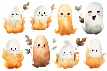 Wall Mural - Adorable collection of cute and spooky ghost watercolor illustrations for a beautiful face.