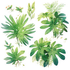 Wall Mural - A watercolor painting showcasing various tropical plants with lush green leaves