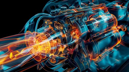 Sticker - 1. A dynamic cross-sectional view of a car engine in operation, revealing the intricate internal mechanics with vibrant colors highlighting the combustion process, from intake of air and fuel mixture
