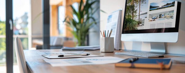 A modern home office setup featuring a desktop computer, documents, and plants, creating a productive and stylish workspace. Modern Home Office Workspace with Computer

