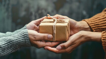 Wall Mural - Hands passing a gift box from one person to another, symbolizing the joy of sharing and generosity. 