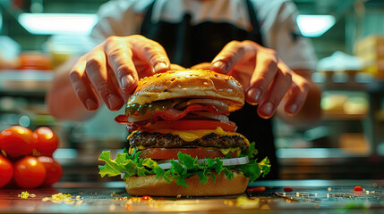 Wall Mural - A Meticulous Masterpiece, Chef Carefully Assembles a Mouthwatering Burger