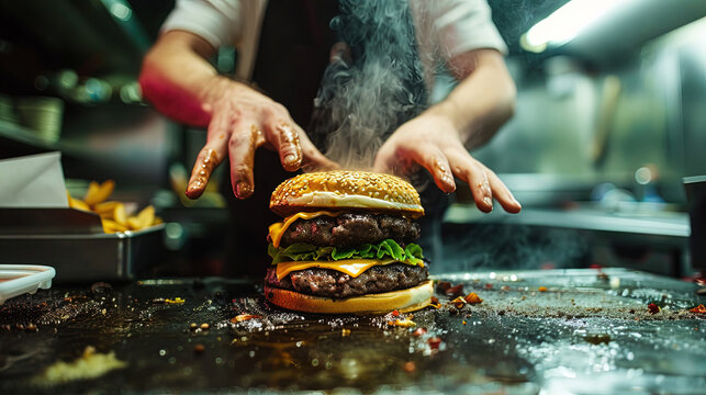 Precision and Presentation, A Chef Artistically Assembles a Burger