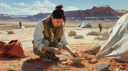 Wall Mural - Professional archeology inspecting stone and digging site while working at desert by using equipment. Skilled explorer or adventurer checking and looking at antiques and sitting near camp. AIG42.