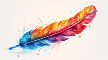 A colorful feather with detailed patterns on a transparent background