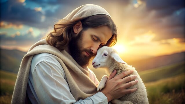 The Hands of Jesus Christ Gently Cradling a Lamb