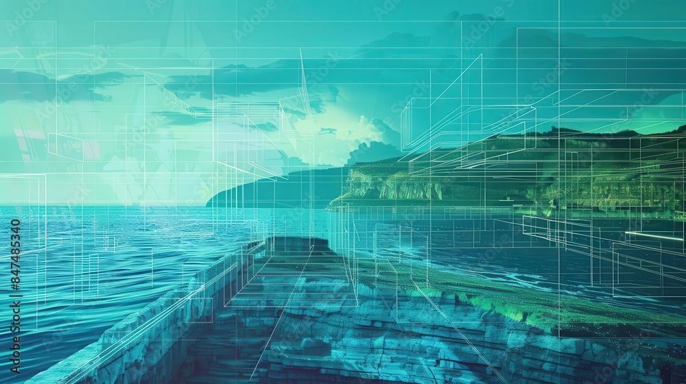 Holographic blueprint of a sea wall overlaid on an existing coastline ...
