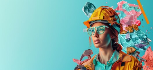 Wall Mural - A young construction worker wearing a hard hat and safety glasses is looking at the camera She is standing in front of a blue background. AIGZ01