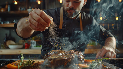Wall Mural - The Art of Savory, Master Chef's Precision Seasoning on Steak
