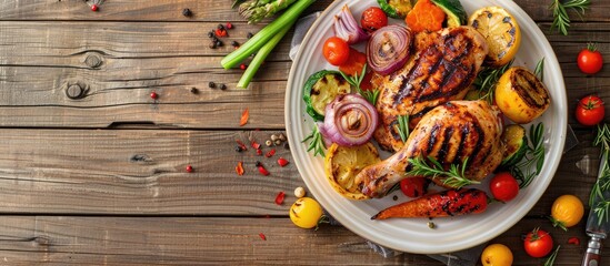 Wall Mural - Overhead shot of grilled chicken and vegetables on a wooden table