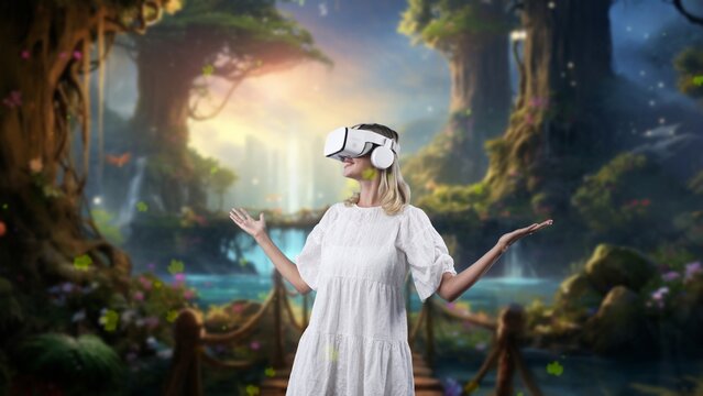 Impressive woman looking around through VR in wonderland maple leave falling in fairytale stream water getting fresh air in meta magical world fantasy in jungle mist natural creativity. Contraption.