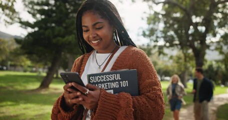 Aufkleber - Black woman, student and walking with phone or books in nature for learning, education or studying at outdoor park. Young African with smile on mobile smartphone for online browsing or communication