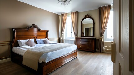 Fototapete - Interior of stylish room with big bed and mirror : Generative AI