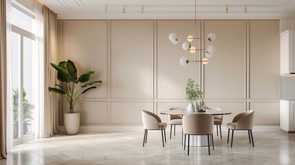 Aufkleber - Modern interior design of apartment dining room with table and chairs empty living room with beige wall panorama : Generative AI