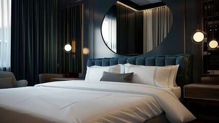 Fototapete - Interior of stylish room with big bed and mirror : Generative AI