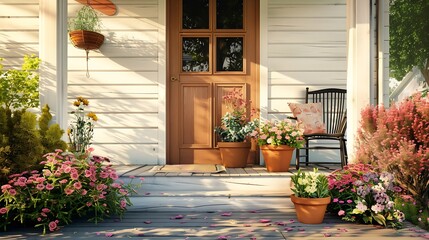 Aufkleber - Cozy entrance porch with flower pots and seating arrangement Northwest USA : Generative AI