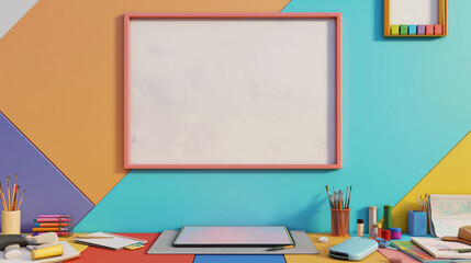 A colorful wall with a white board on it